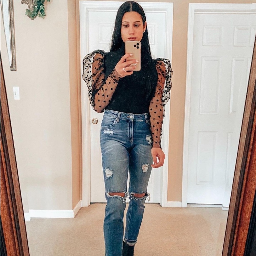 Puff sheer sleeve polka dot turtleneck